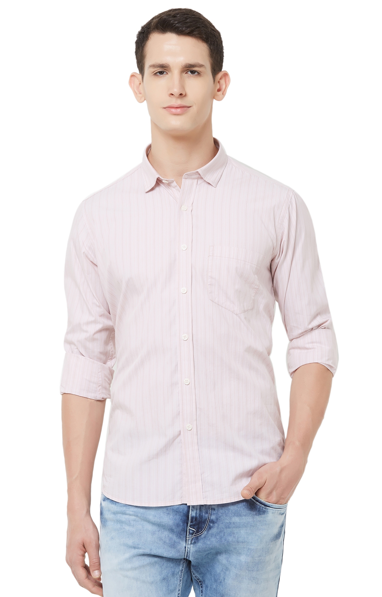 EVOQ | Pink Striped Cotton Casual Shirt