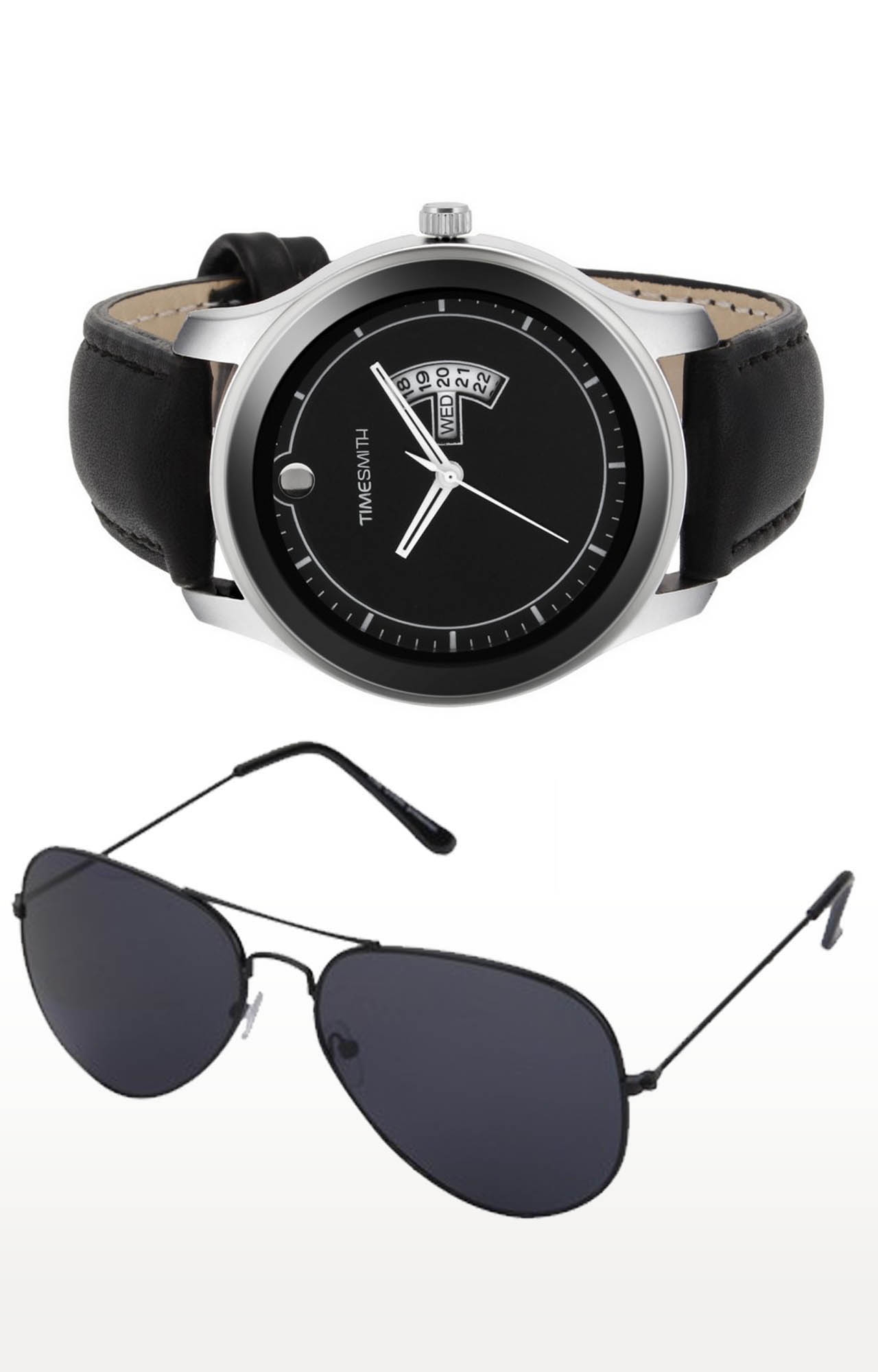 Timesmith | Timesmith Black Analog Watch and Aviators Combo For Men