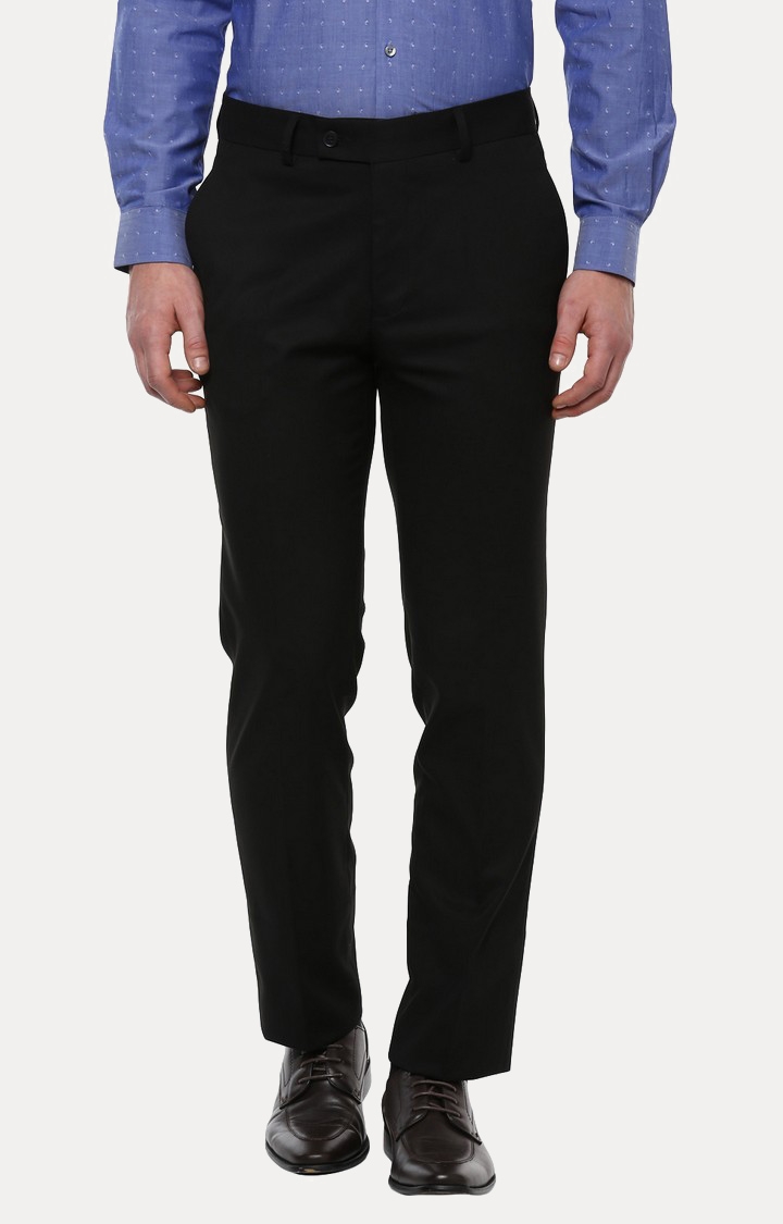Black Solid Flat Front Formal Trousers