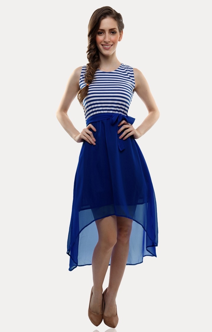 MISS CHASE | Blue Striped Asymmetric Dress
