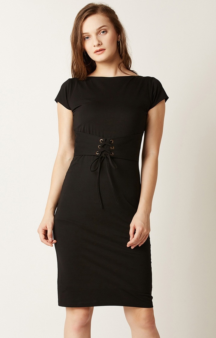 MISS CHASE | Black Solid Shift Dress