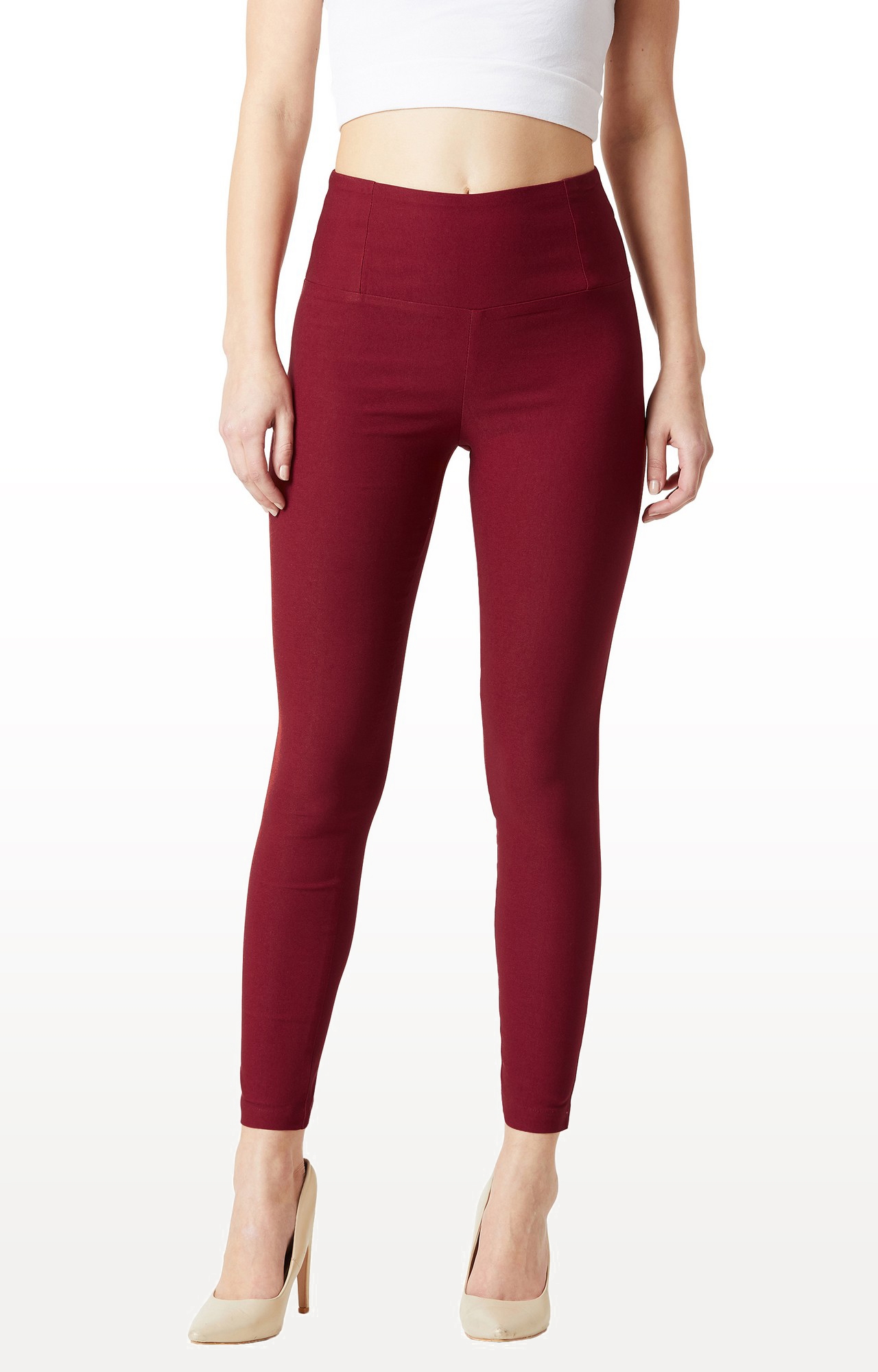 MISS CHASE | Maroon Solid High Waist Regular Length Patch Pocket Jeggings