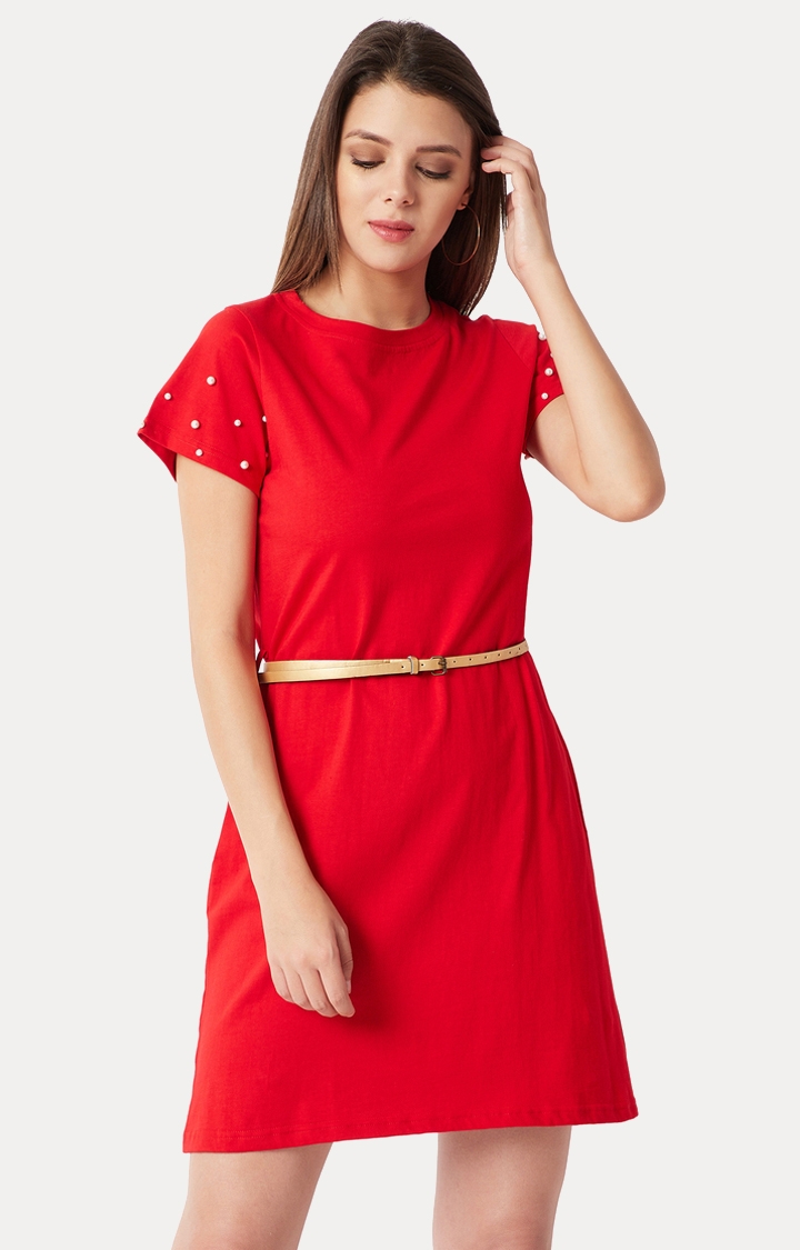 MISS CHASE | Red Solid Shift Dress