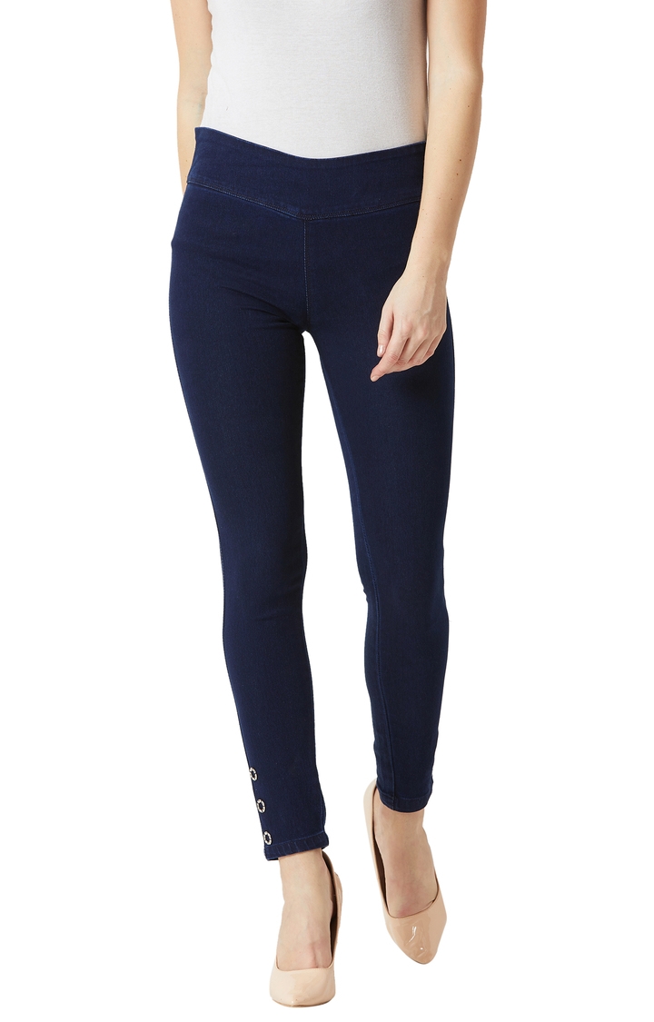 MISS CHASE | Navy Solid High Rise Eyelet Detailing Stretchable Jeggings