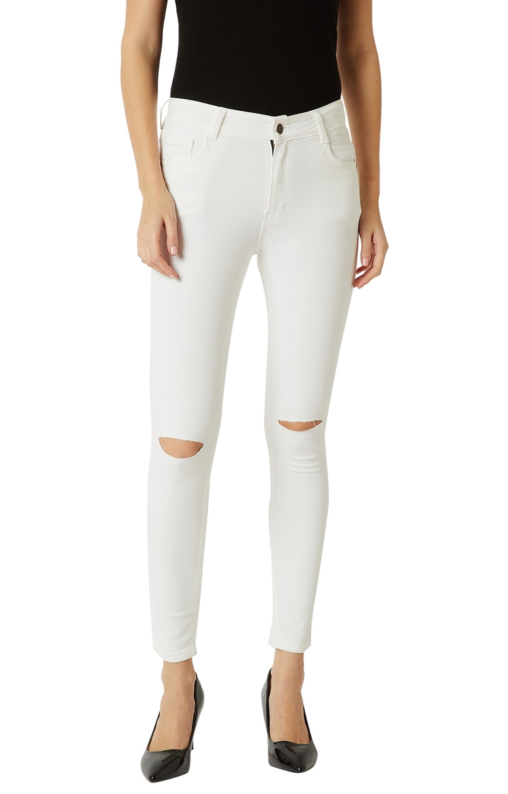 MISS CHASE | White Solid Mid Rise Knee Slit Stretchable Cropped Jeans