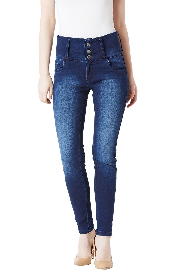 MISS CHASE | Navy Solid High Rise Stretchable Straight Jeans