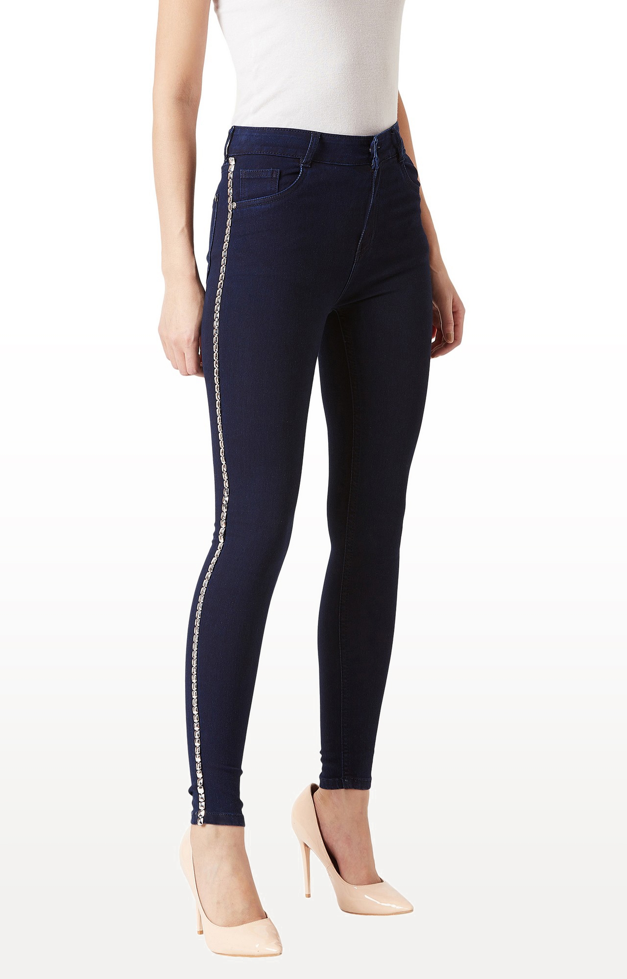 Navy Solid Mid Rise Metal Tape Detailing Stretchable Jeans