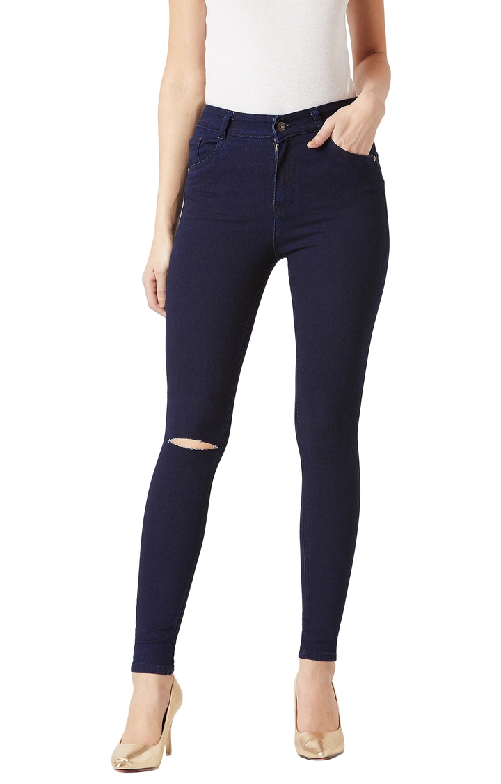 MISS CHASE | Navy Solid Mid Rise Knee Slit Stretchable Straight Jeans