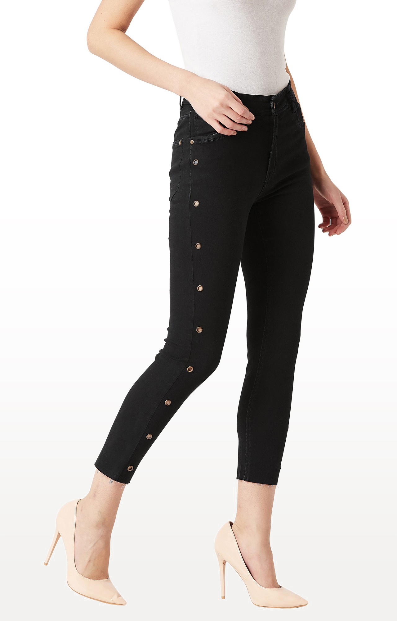 MISS CHASE | Black Solid Length Eyelet Detailing High Rise Cropped Jeans