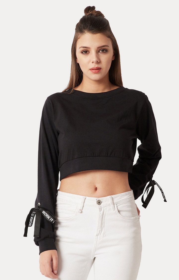 MISS CHASE | Black Solid Crop Top