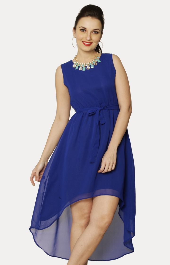 MISS CHASE | Blue Solid Asymmetric Dress