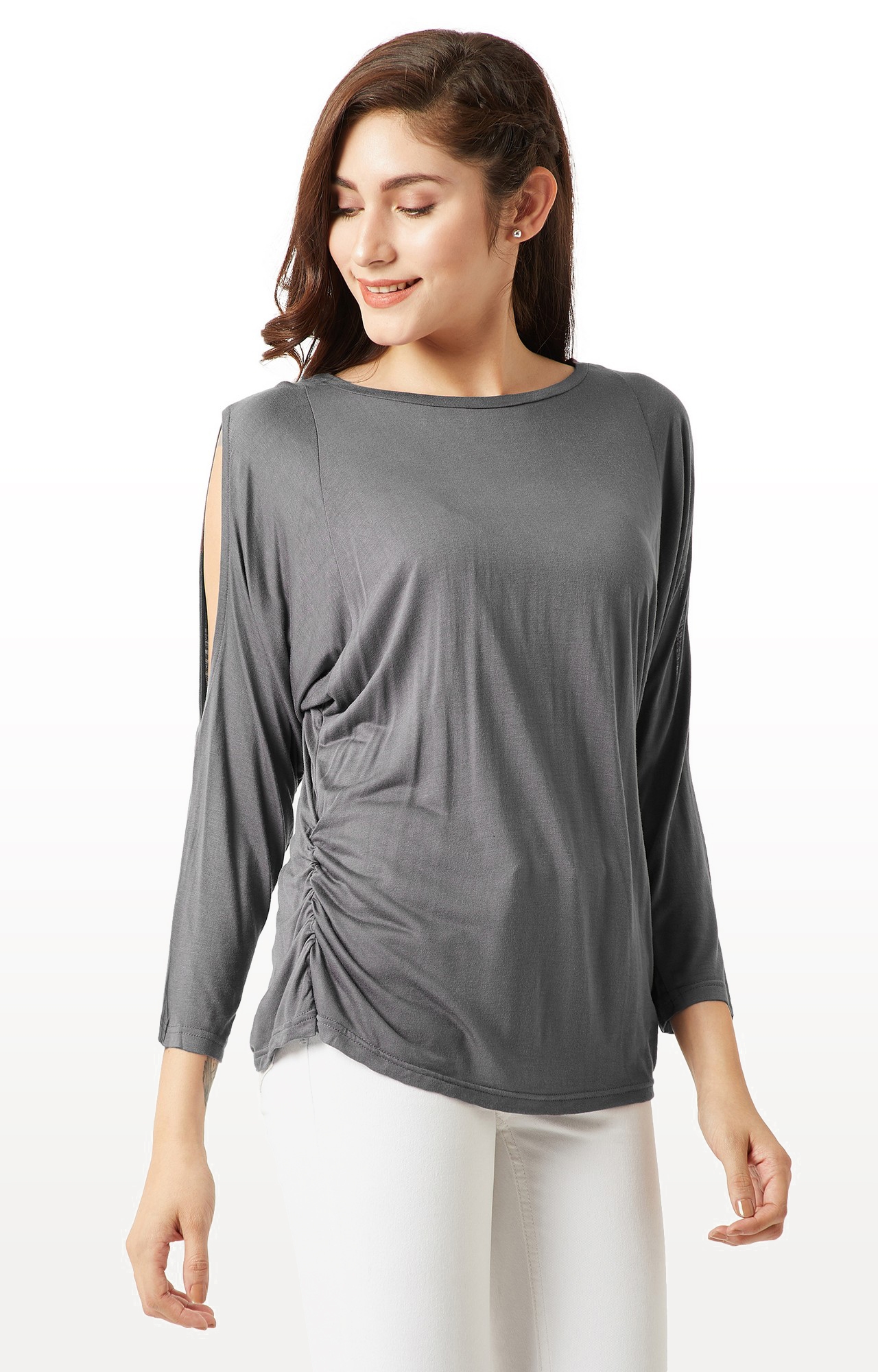 MISS CHASE | Grey Solid Blouson Top