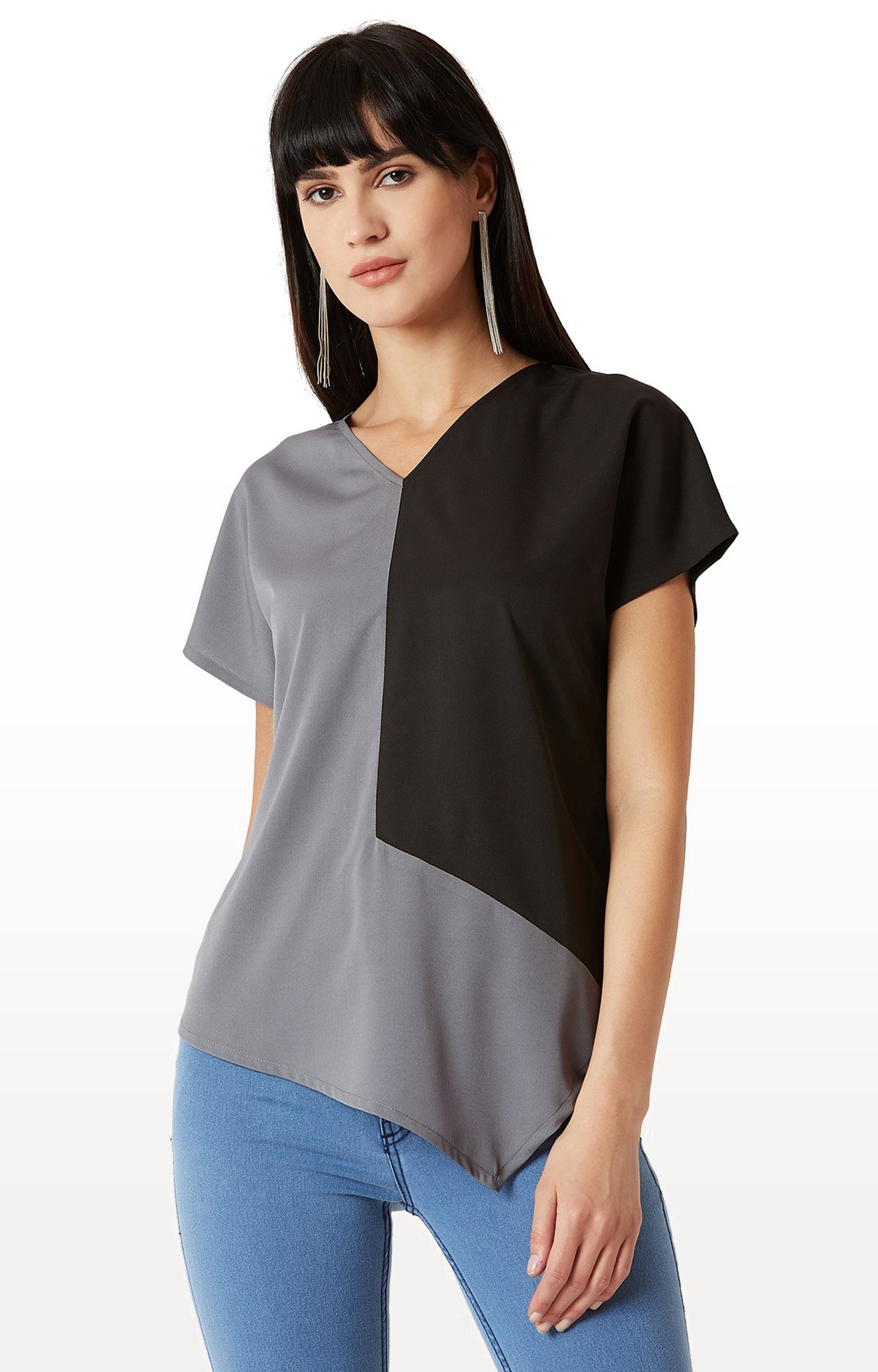 MISS CHASE | Grey and Black Solid Blouson Top