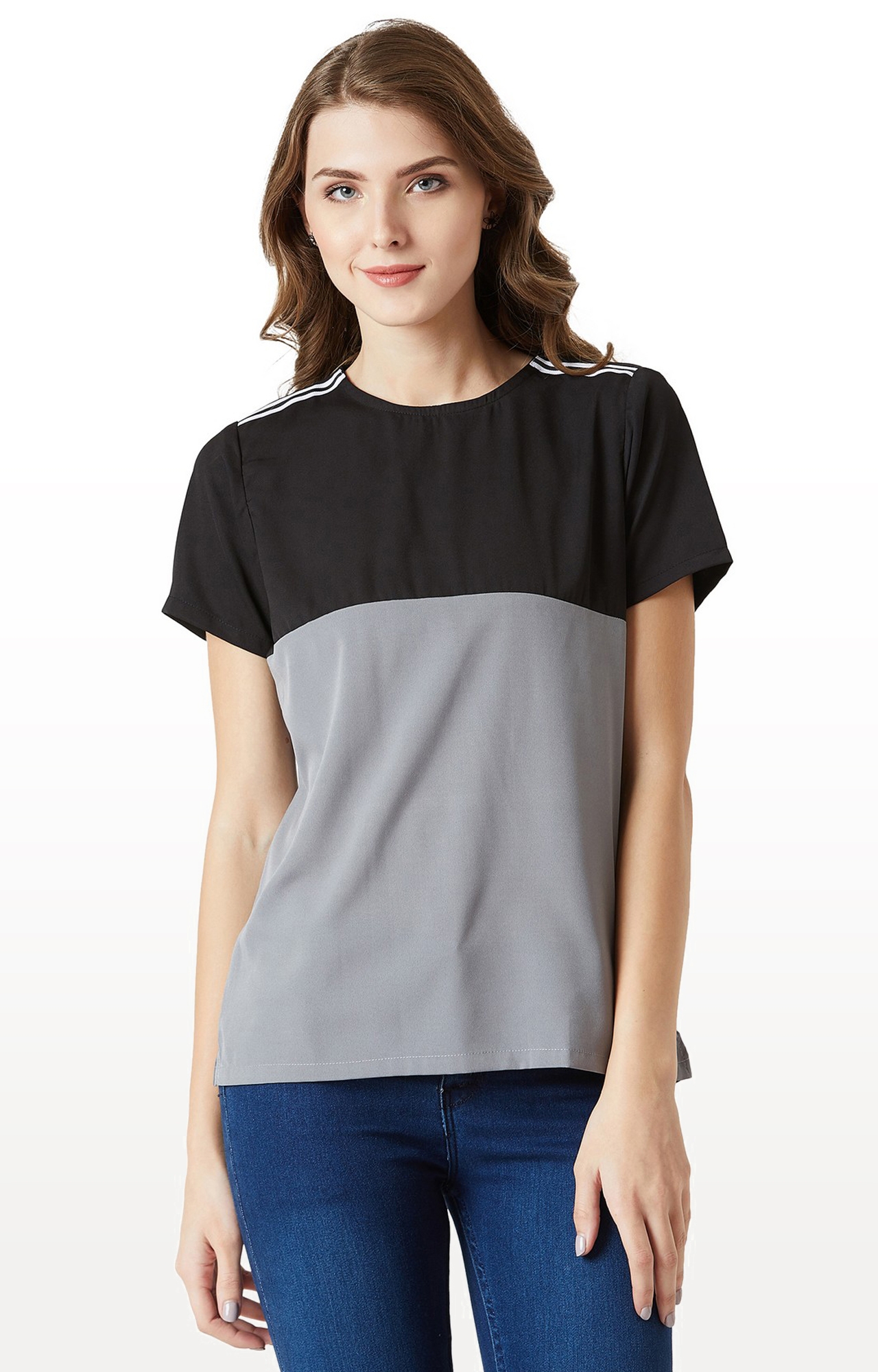 MISS CHASE | Black and Grey Colourblock Blouson Top