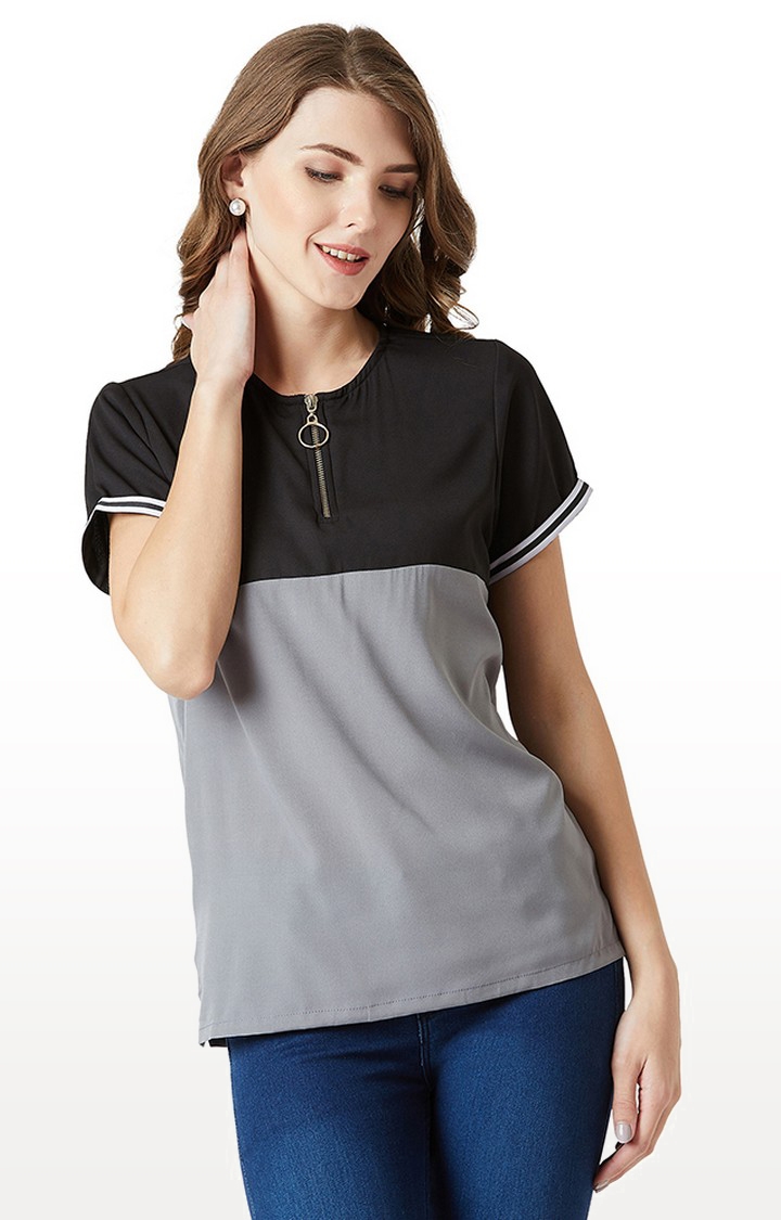 MISS CHASE | Black and Steel Grey Colourblock T-Shirt