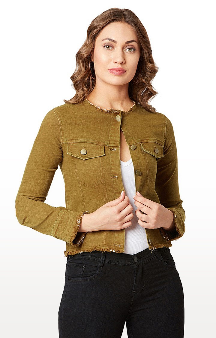 MISS CHASE | Green Solid Denim Jacket