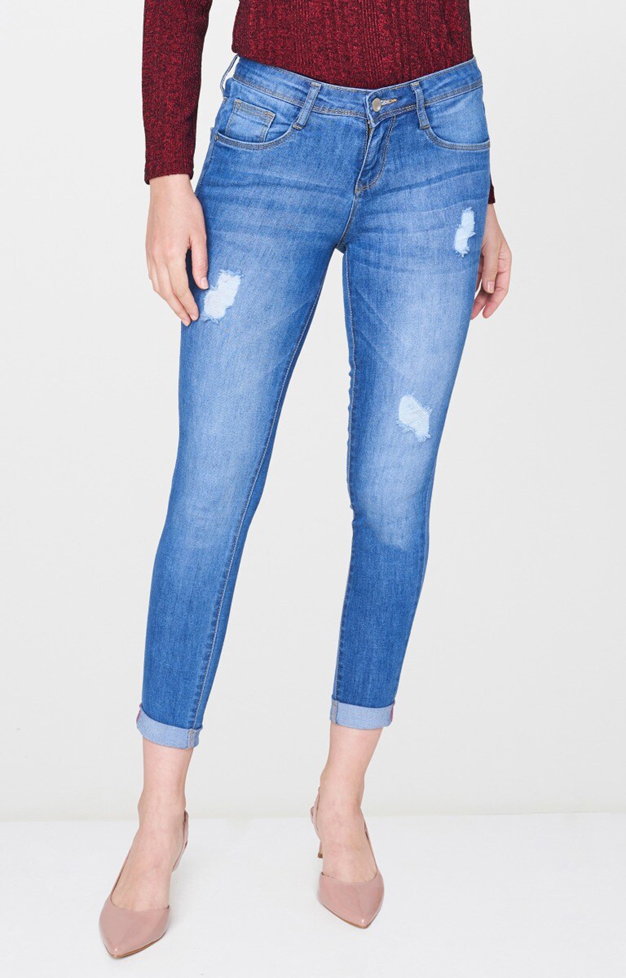 AND | Blue Ripped Tapered Jeans
