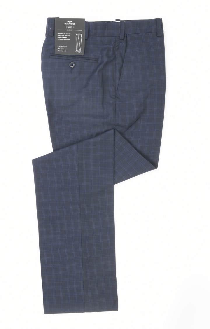 Blue Checked Flat Front Formal Trousers