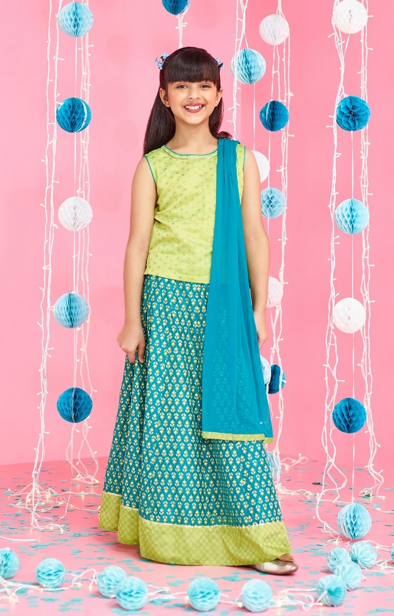 Global Desi | Turquoise Printed Lehenga Set
