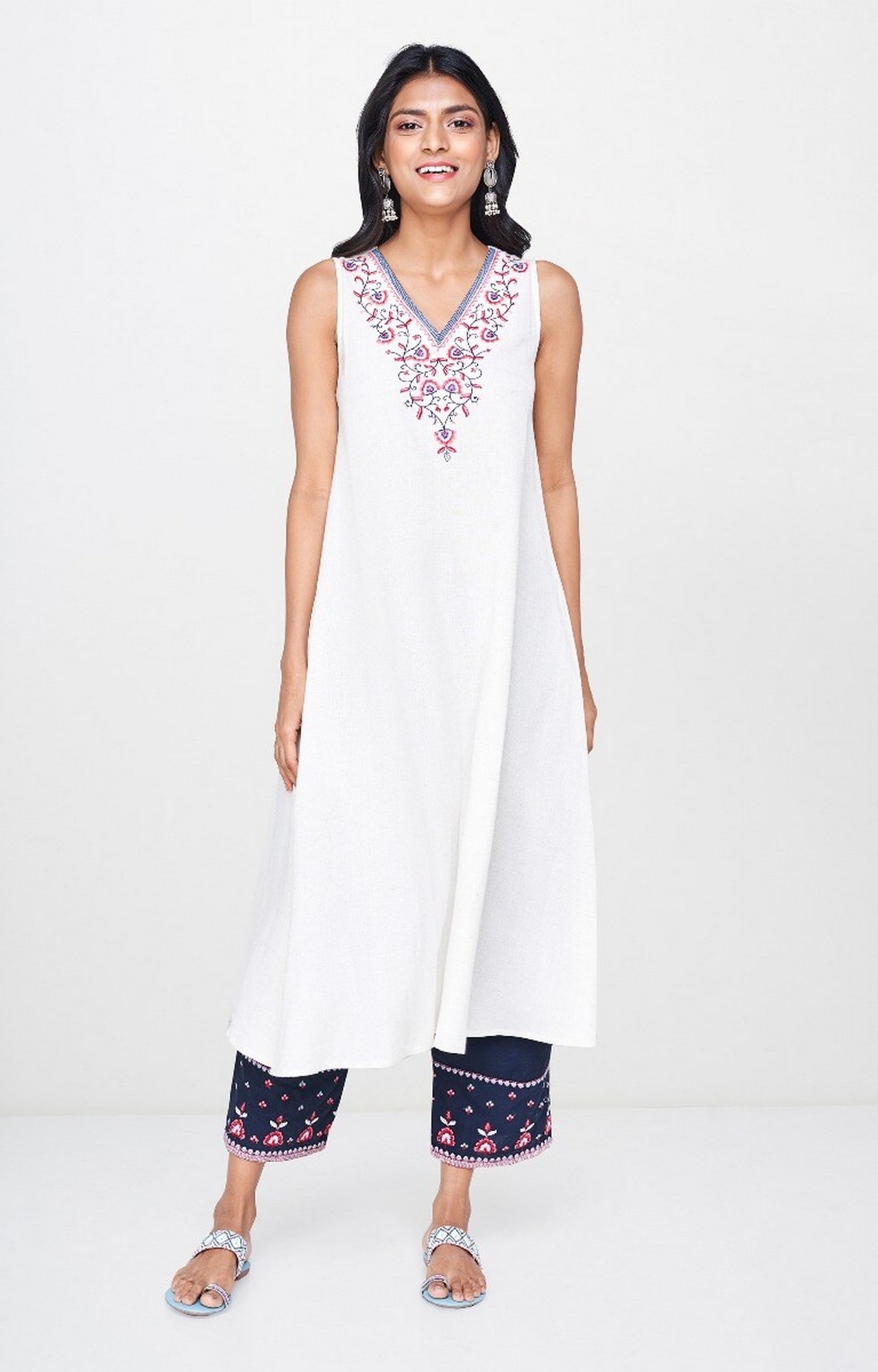 Global Desi | White Embroidered Asymmetric Kurta