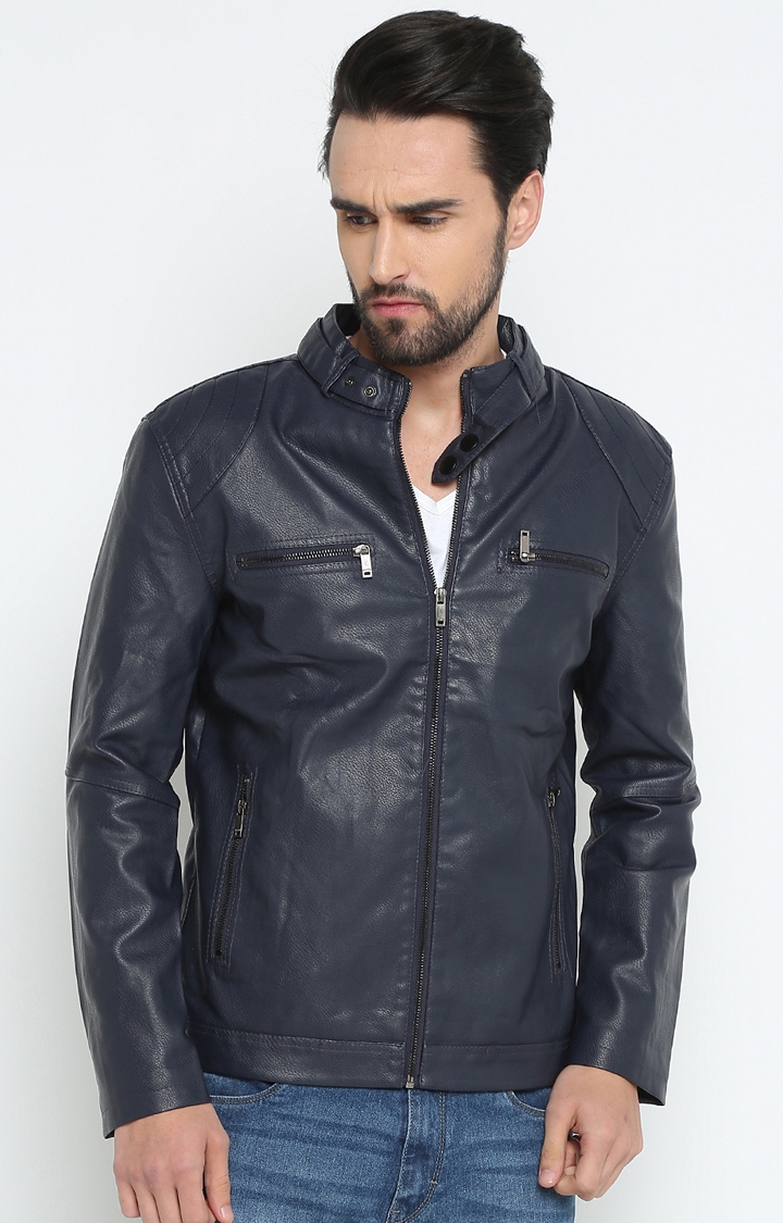 Showoff | Navy Solid Leather Jacket
