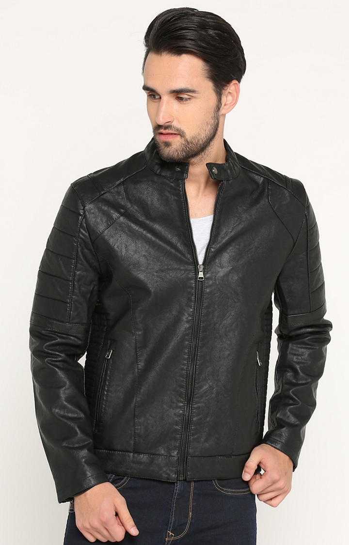 Showoff | Black Solid Leather Jacket