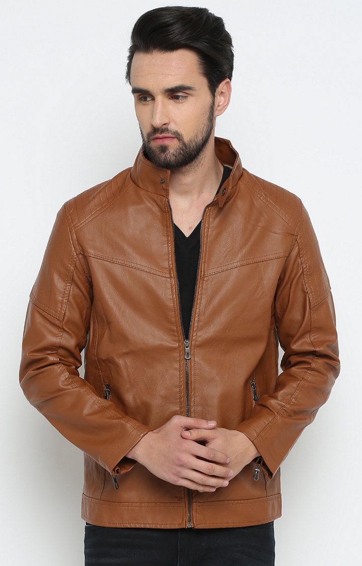 Showoff | Brown Solid Leather Jacket