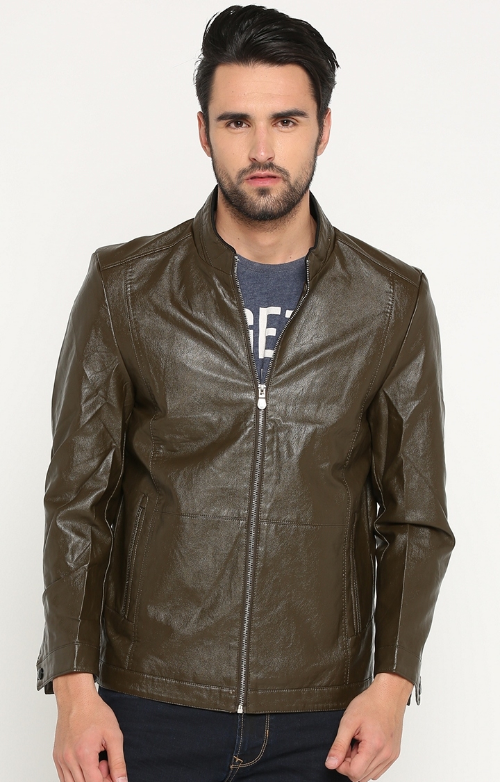 Showoff | Olive Solid Leather Jacket