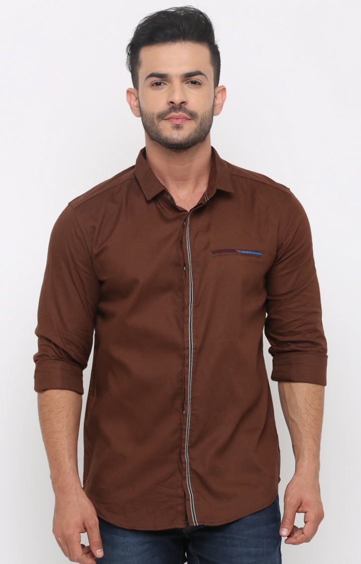 With | Brown Solid Casual Shirt