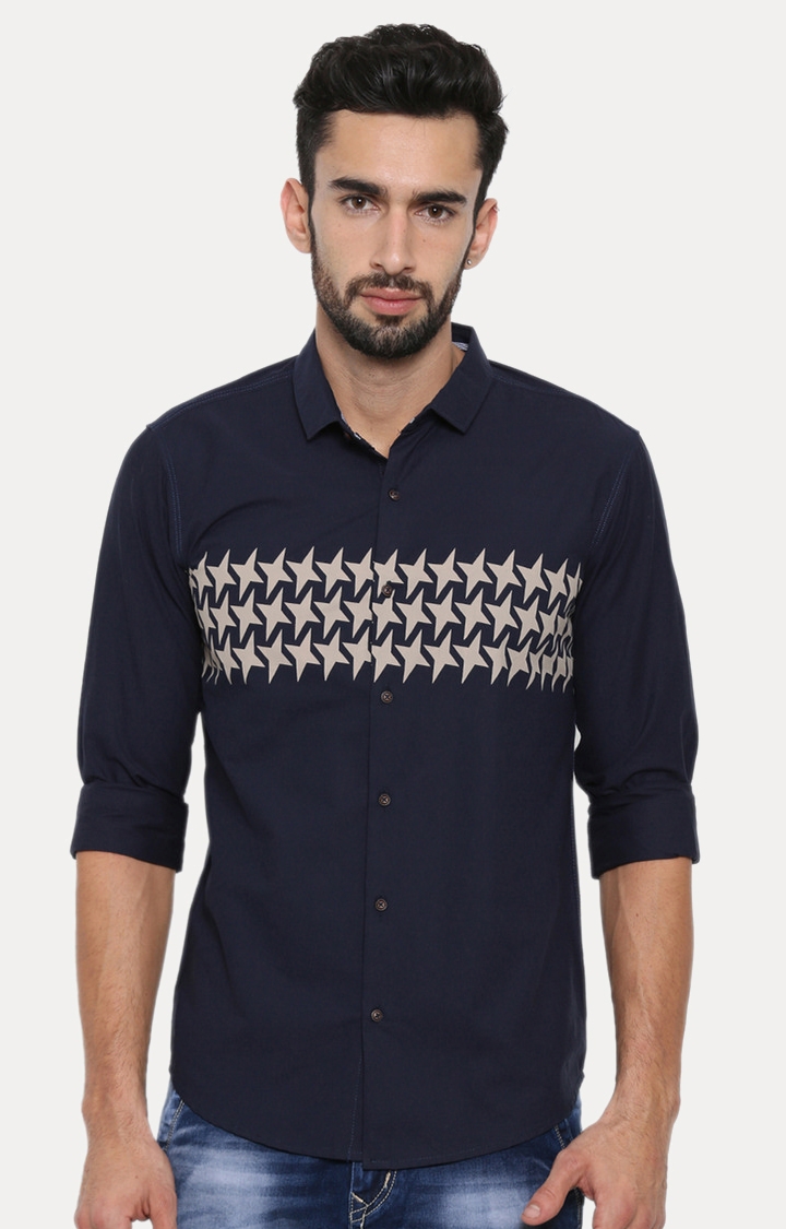With | Navy Printed Casual Shirt
