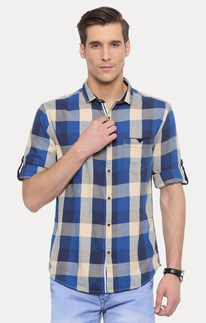 With | Blue and Beige Checked Casual Shirt