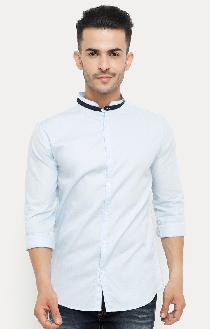 With | Blue Solid Casual Shirt