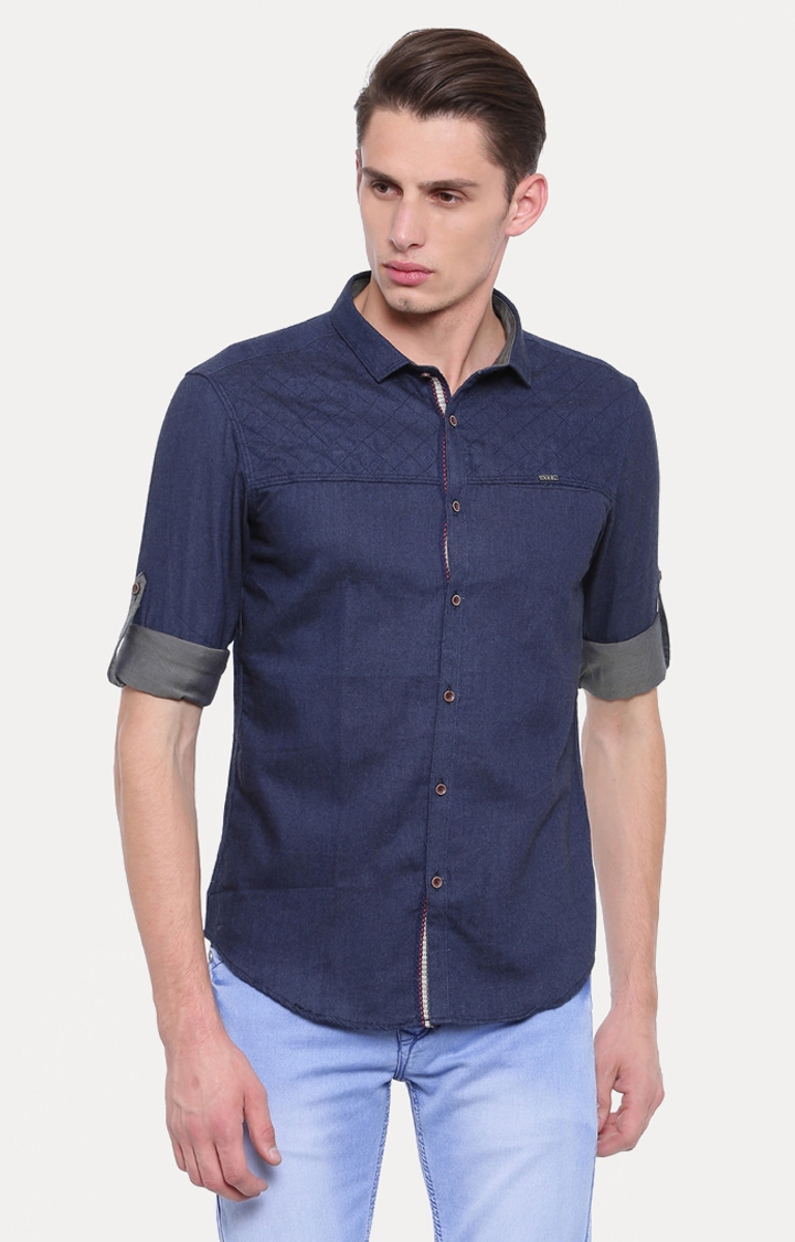 With | Dark Blue Solid Casual Shirt