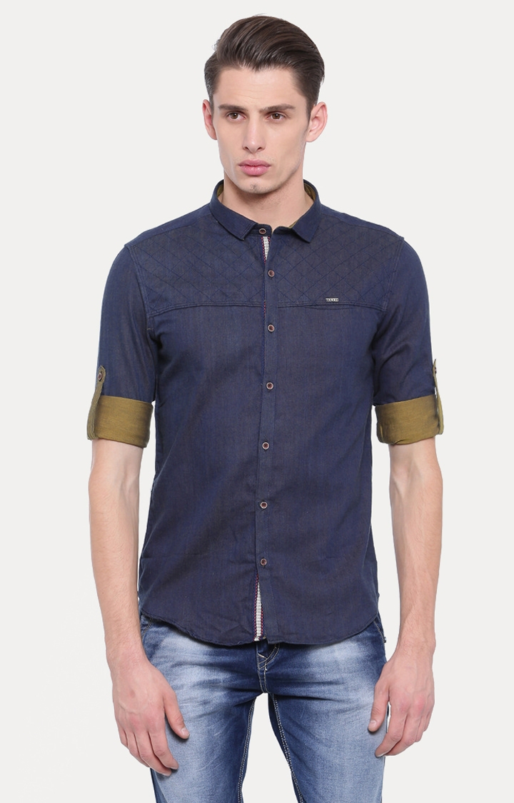 With | Dark Blue Solid Casual Shirt