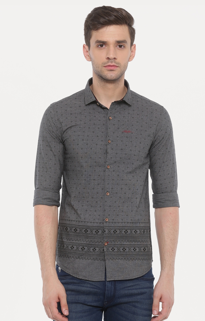With | Grey Printed Casual Shirt