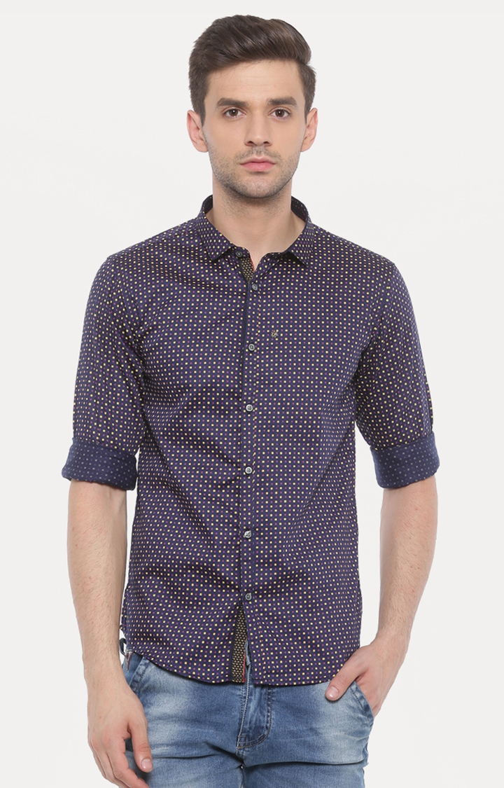 With | Navy Blue Printed Casual Shirt