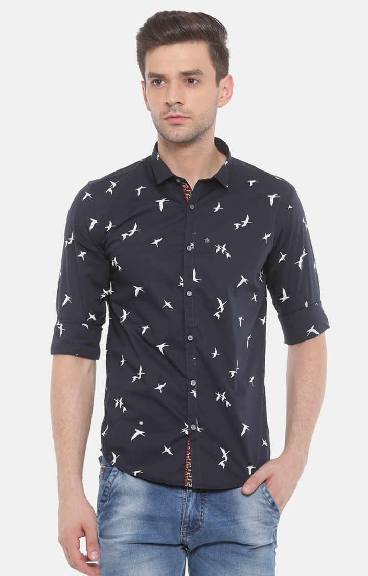 With | Navy Blue Printed Casual Shirt