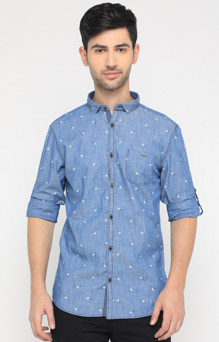 With | Blue Printed Casual Shirt