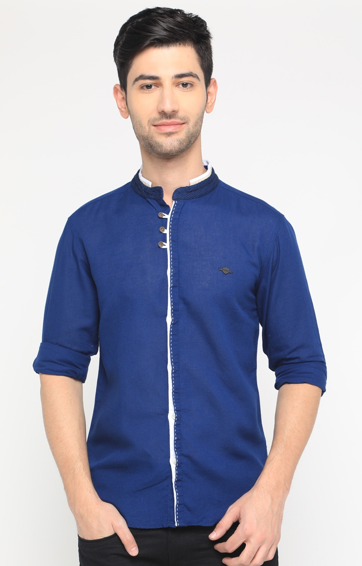 With | Blue Solid Casual Shirt
