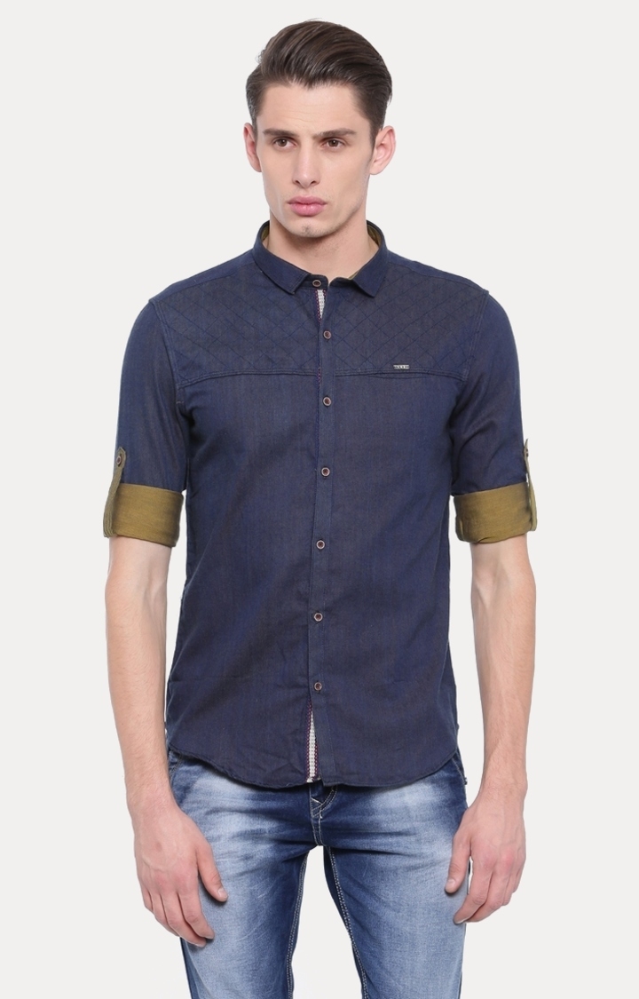 With | Navy Solid Casual Shirt