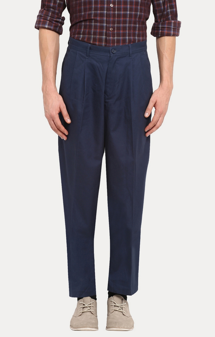 ColorPlus | Dark Blue Solid Pleated Formal Trousers