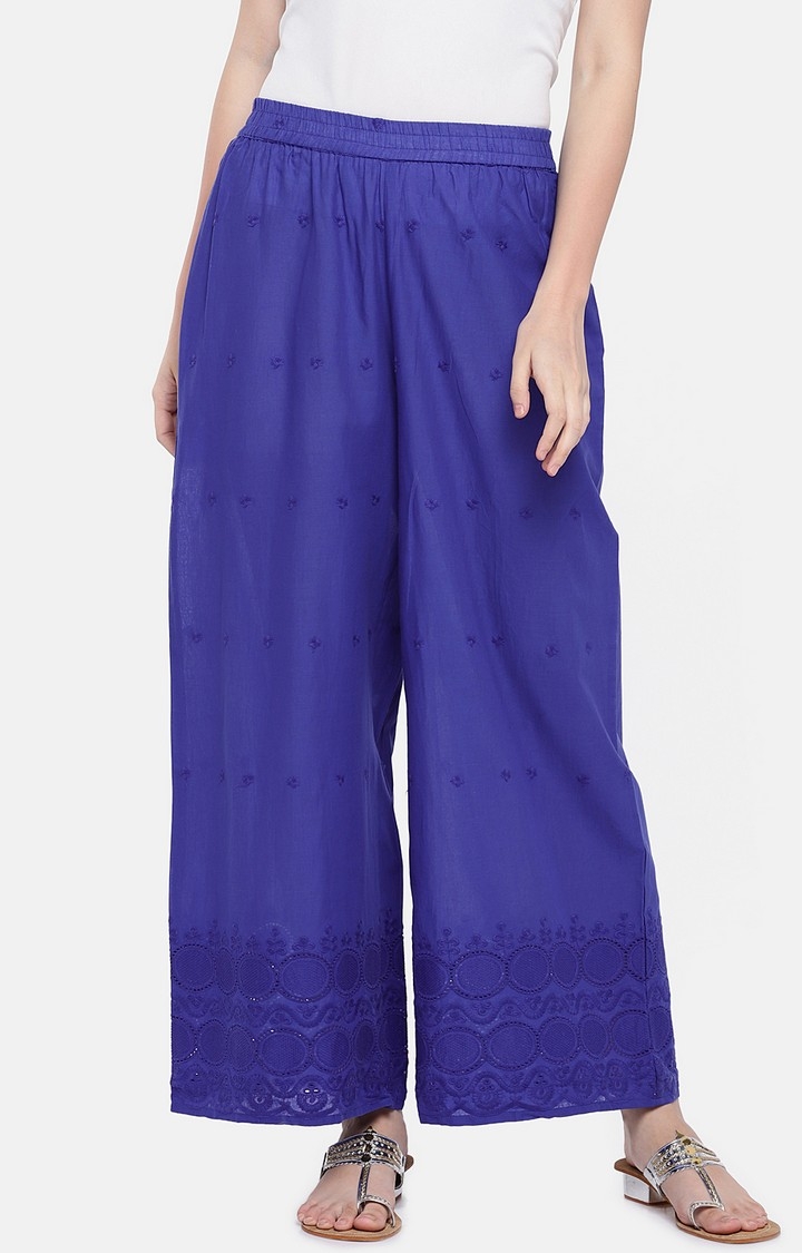 Women's Blue Cotton Embroidered Palazzos