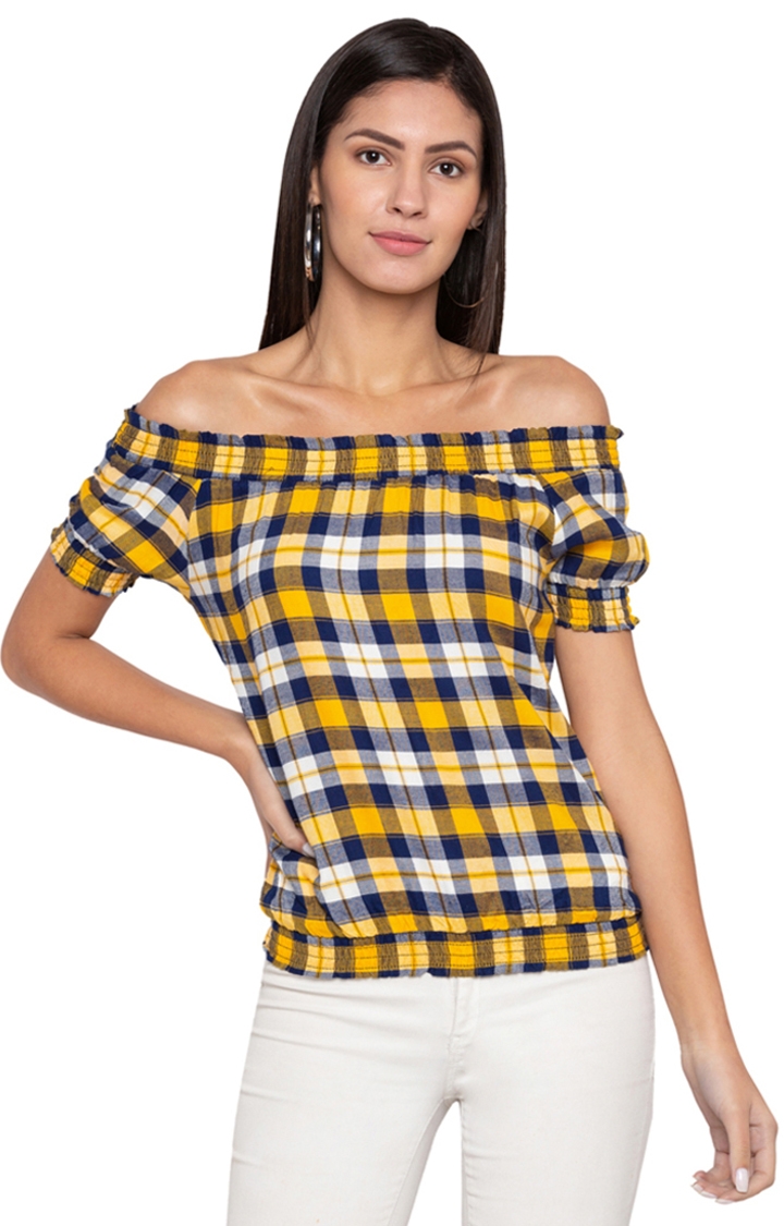 globus | Yellow Checked Off Shoulder Top