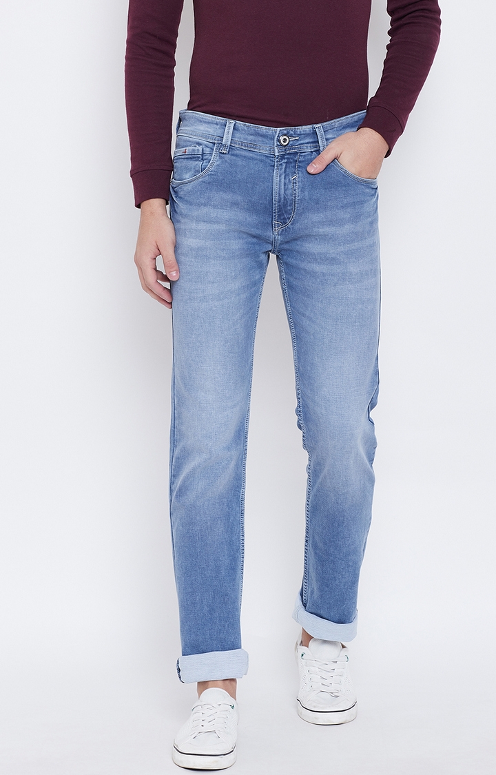 OCTAVE | Sky Blue Solid Tapered Jeans