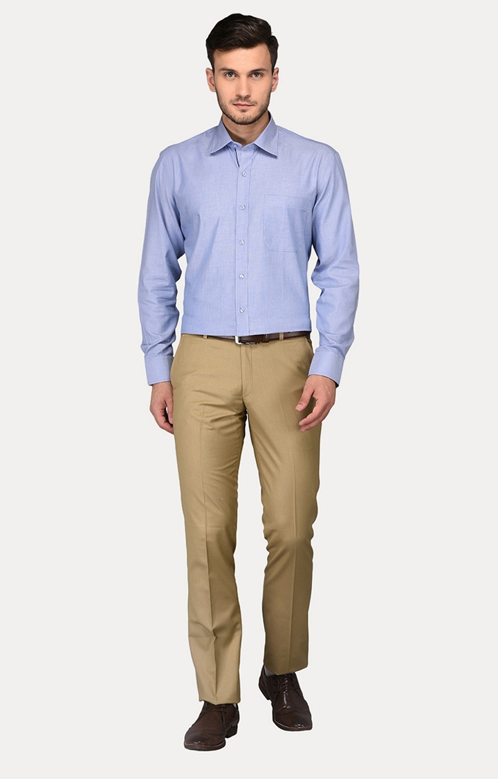 Khaki Self Textured Slim Fit Formal Trouser | Greenfibre