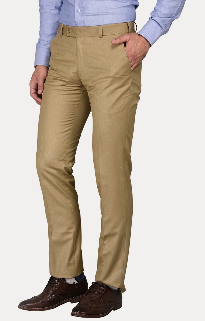 Khaki Self Textured Slim Fit Formal Trouser | Greenfibre