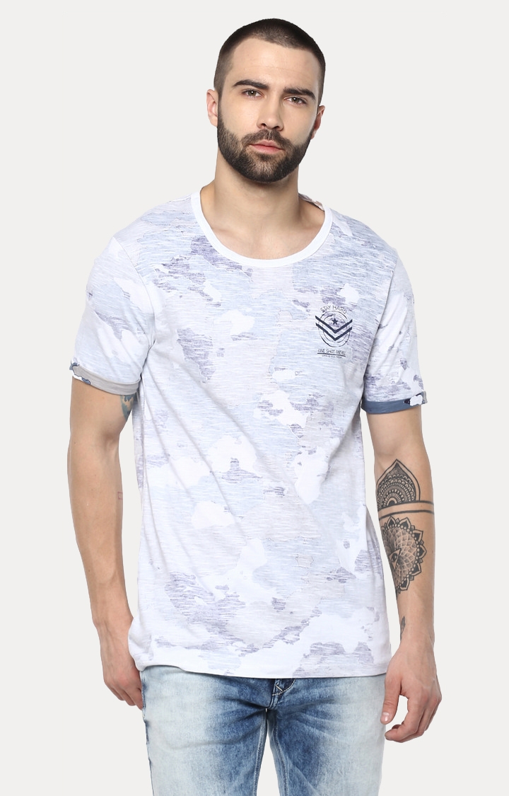 Spykar | spykar White & Blue Camouflage Slim Fit T-Shirt