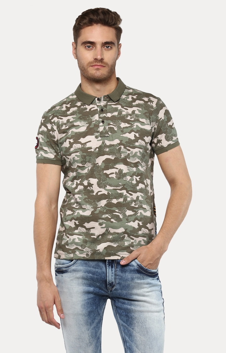 Spykar | spykar Green Camouflage Slim Fit Polo T-Shirt