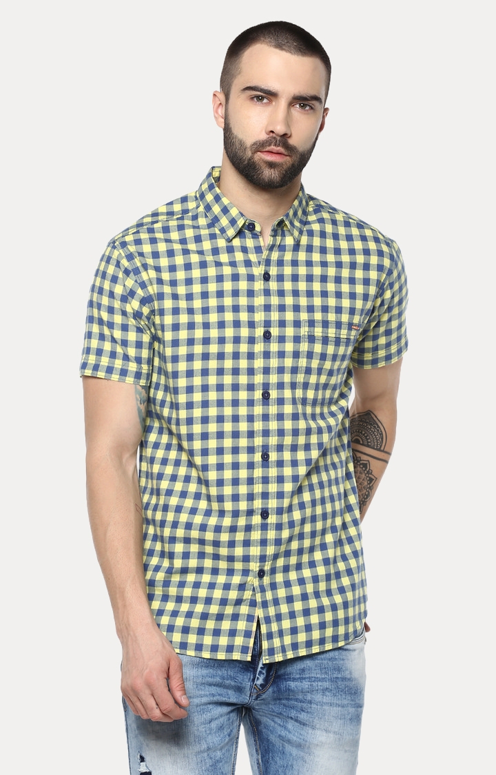 Spykar | spykar Yellow & Blue Checked Slim Fit Casual Shirt