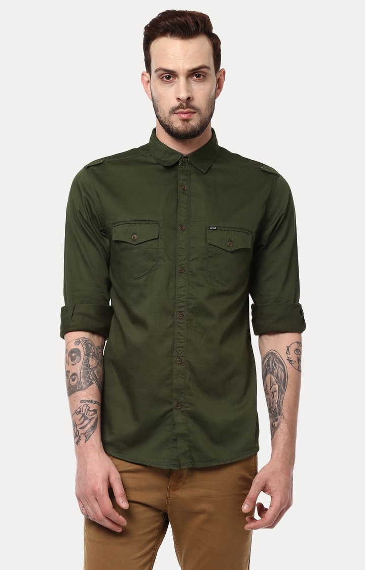 Spykar | spykar Green Solid Slim Fit Casual Shirt